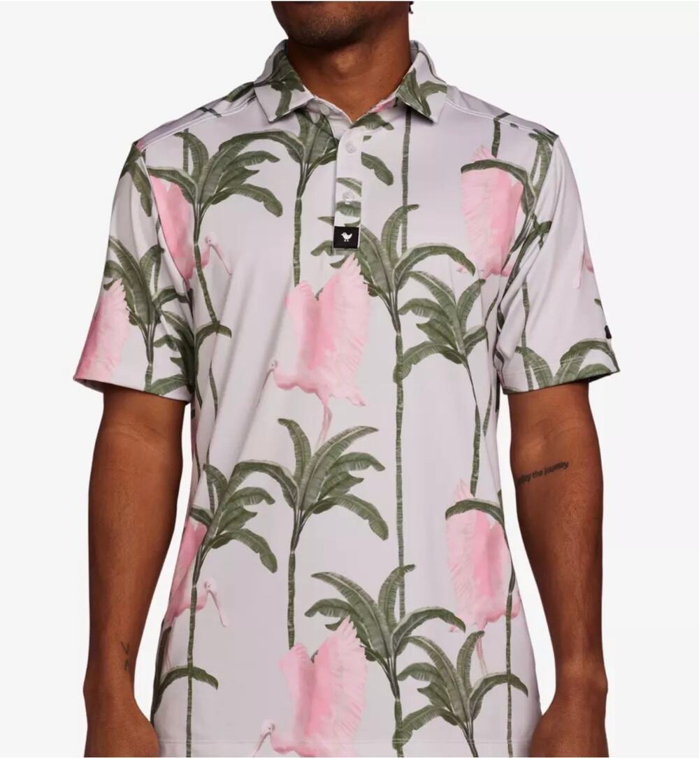 Bad Birdie Shirt Mens Large Green Pink Flamingo Low Polo Golf Tropical Vacation